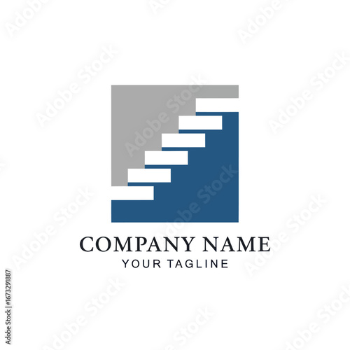 A minimalist logo design featuring a white staircase ascending within a blue and grey square, symbolizing growth, progress, and success.