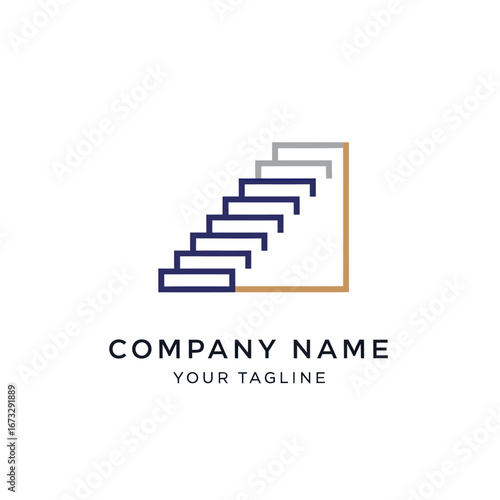 A minimalist logo design featuring a stylized staircase ascending within a geometric frame, with placeholder text for a company name and tagline.