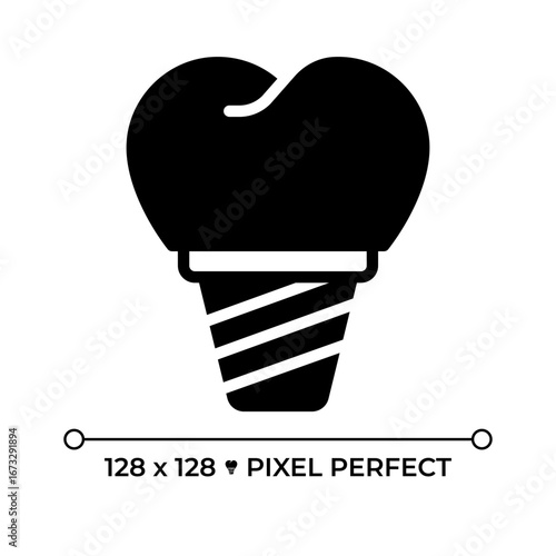 Dental implant pixel perfect glyph solid icon. Stomatological service, medicine. Professional dentistry, healthcare. Black silhouette symbol on negative space. Vector isolated illustration