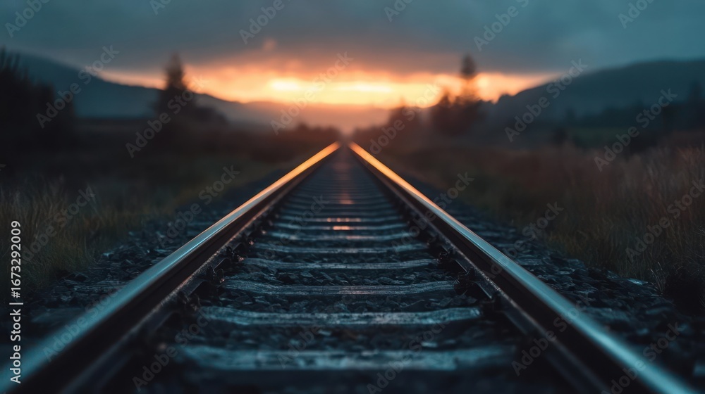 Fototapeta premium Railroad tracks stretch into the distance toward a vibrant sunset horizon landscape