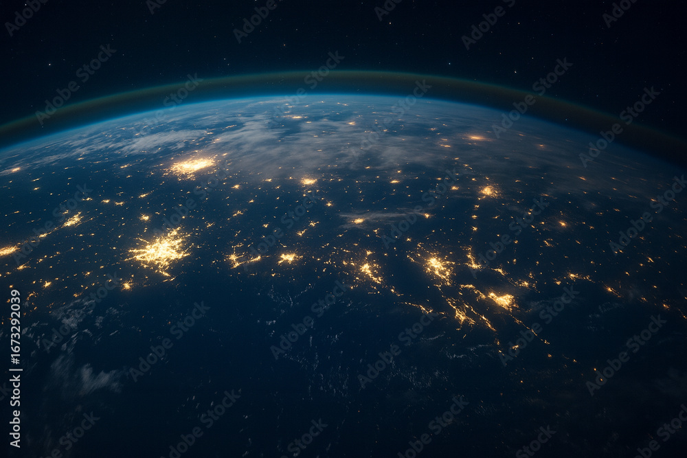 Obraz premium Earth at night from space showing city lights and atmosphere