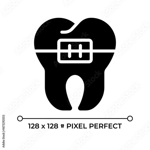 Orthodontic braces pixel perfect glyph solid icon. Dental treatment, teeth alignment. Oral care, smile correction. Black silhouette symbol on negative space. Vector isolated illustration