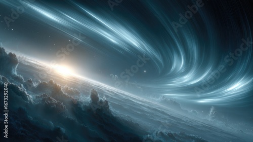 Ethereal space horizon with swirling light trails, wispy clouds, and a distant sun