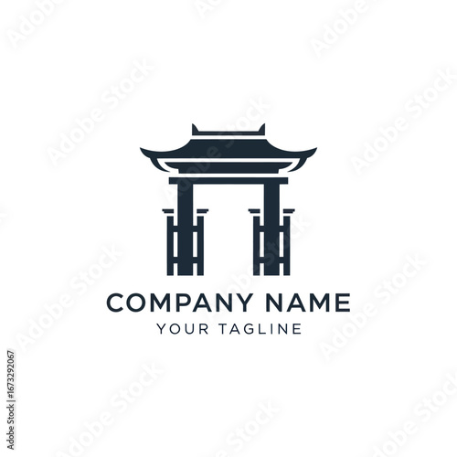 Minimalist logo design featuring a stylized silhouette of a traditional Asian gate or pagoda structure.