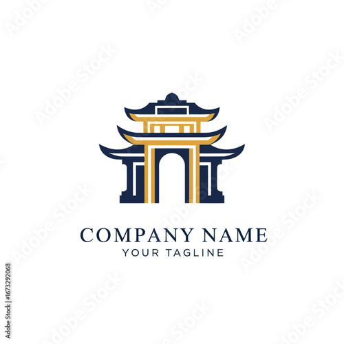 Stylized illustration of a traditional Asian gate or pagoda structure in navy and gold, suitable for a logo or branding.
