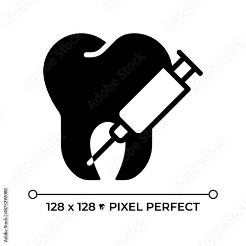 Dental surgery painkiller pixel perfect glyph solid icon. Tooth treatment, syringe injection. Oral health, professional. Black silhouette symbol on negative space. Vector isolated illustration
