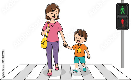 Mother and child crossing the road safely, holding hands, green pedestrian signal, crosswalk safety, urban street scene, happy family moment