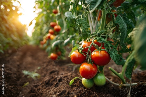 Ripe red and green tomatoes growing on a vine in a sunny garden. Organic harvest, fresh vegetables, healthy food, golden hour.