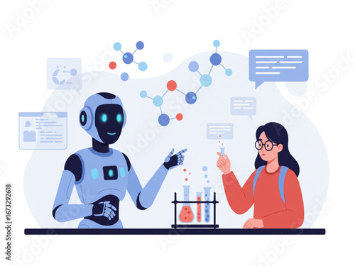Student in Science Experiment with Holographic Beakers and Molecules Flat Vector Illustration - Use Artificial Intelligence Generative Tools For Education Concept 