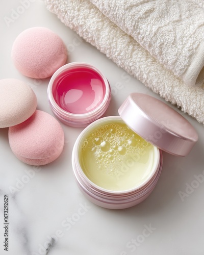 Spa beauty Pink containers with balms & cosmetic puffs on marble, white towels
