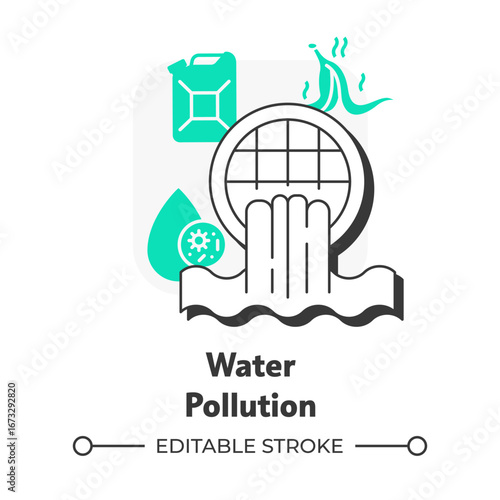 Water pollution flat outline concept icon. Contamination of waterbodies with toxins. Cause of freshwater scarcity. Modern line illustration with green glyphs. Conceptual visual. Easy to edit