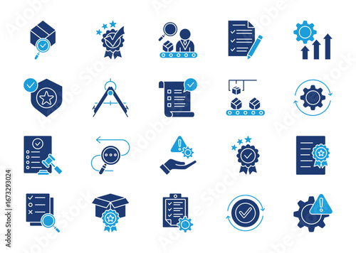 Quality control thin solid icon set. Containing quality, inspection, evaluation, improve, production