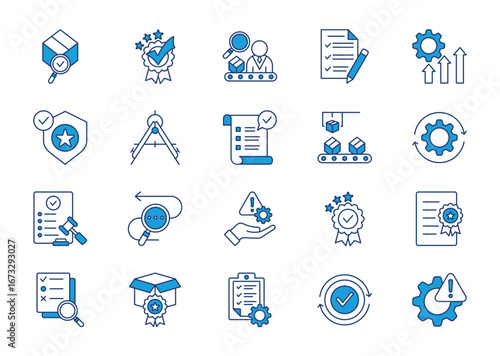 Quality control thin blue icon set. Containing quality, inspection, evaluation, improve, production