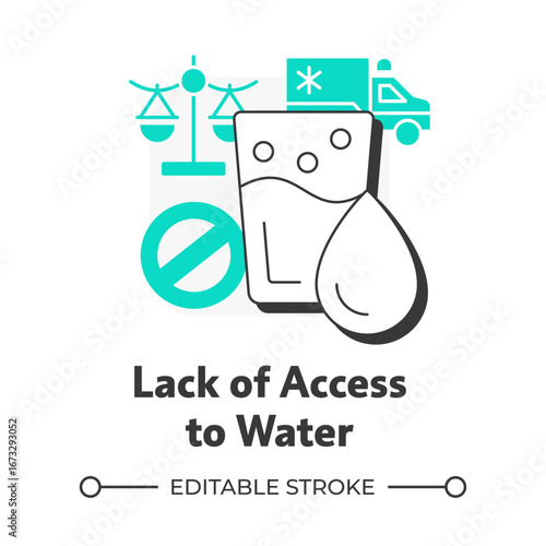 Lack of access to water flat outline concept icon. Shortage of liquid availability. Impact of freshwater crisis. Modern line illustration with green glyphs. Conceptual visual. Easy to edit