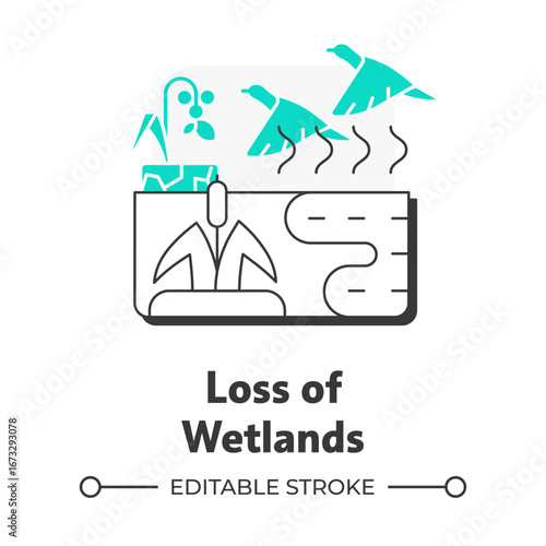 Loss of wetlands flat outline concept icon. Destroying important natural ecosystem. Impact of water crisis on nature. Modern line illustration with green glyphs. Conceptual visual. Easy to edit