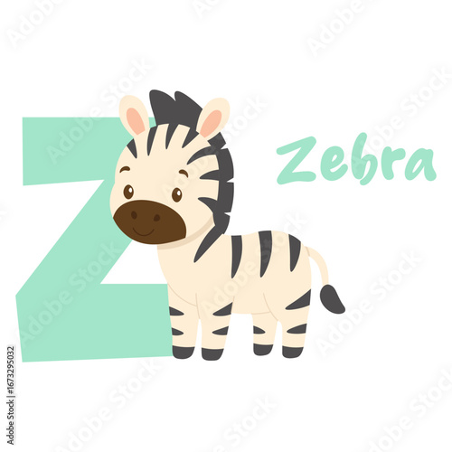 Zebra cartoon with letter z. Cute animal alphabet illustration. Funny zoo character for kids learning