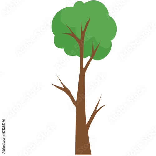 Vector illustration of a leafy green tree with brown trunk, leaning slightly right, perfect for nature and landscape design.
