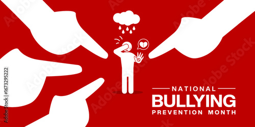 October is Bullying Prevention month. People and hand. Suitable for posters, banners and social media. Red background.
