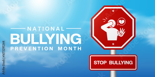 October is Bullying Prevention month. Sign, people, sun, cloud and more. Suitable for posters, banners and social media. Blue background.
