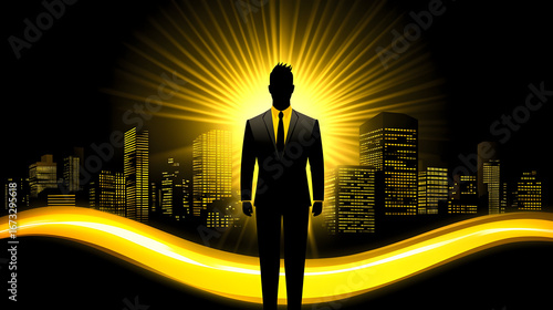 Successful businessman silhouetted against vibrant cityscape with radiant golden light, achieving goals