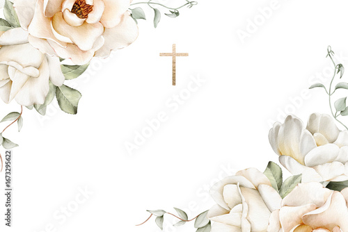 Watercolor border with corner white floral arrangements and golden cross. Isolated template for Easter design, Christening, first communion, baptism, wedding, memorial cards, invitations, church decor
