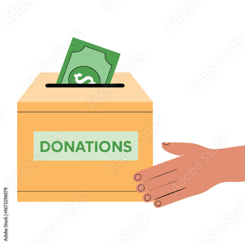 Hands holding a donation box with dollar banknotes inside flat vector illustration isolated on white background ideal for charity fundraising and donation related themes