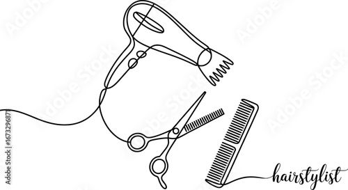 Hairstylist Tools Line Art, Hair Dryer, Scissors, Comb Illustration.