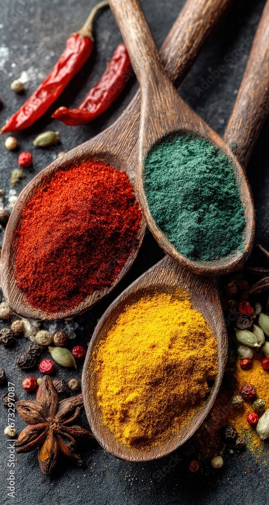 Fototapeta premium Colorful Spices in Wooden Spoons Still Life