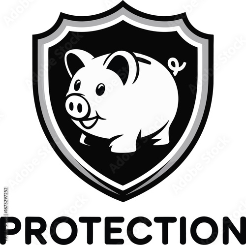 A cartoon pig inside a shield with the word protection underneath it in black and white colors