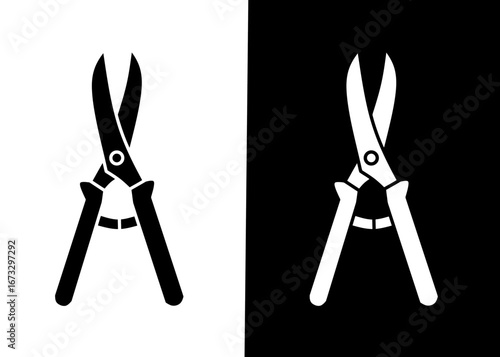 Gardening scissors or secateurs icon, illustration of pruning shears on white and black background