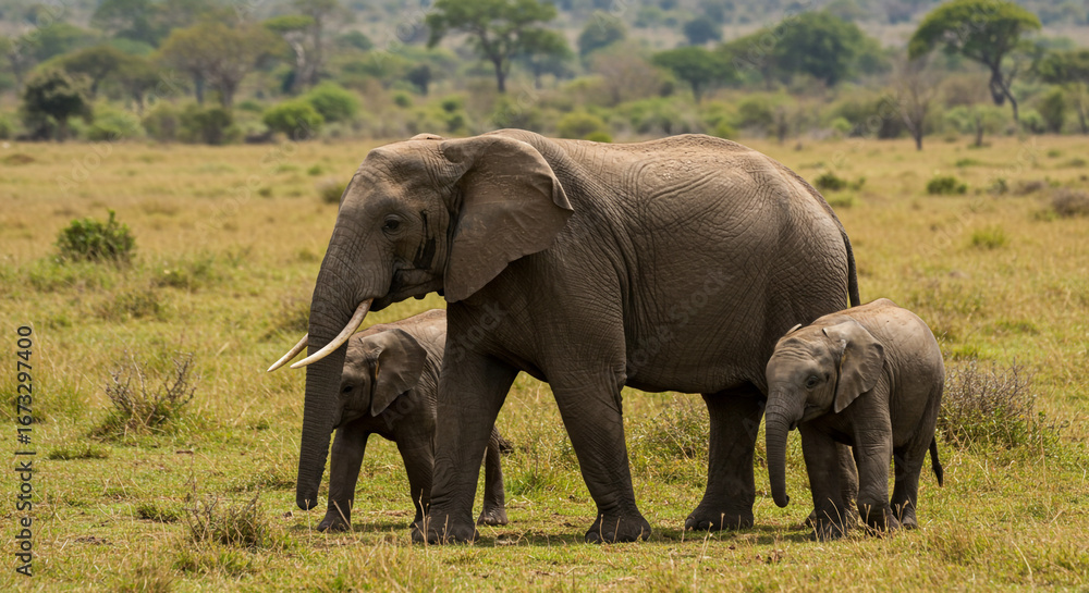 Fototapeta premium Majestic elephant herd grazes peacefully in sun-drenched African savanna landscape