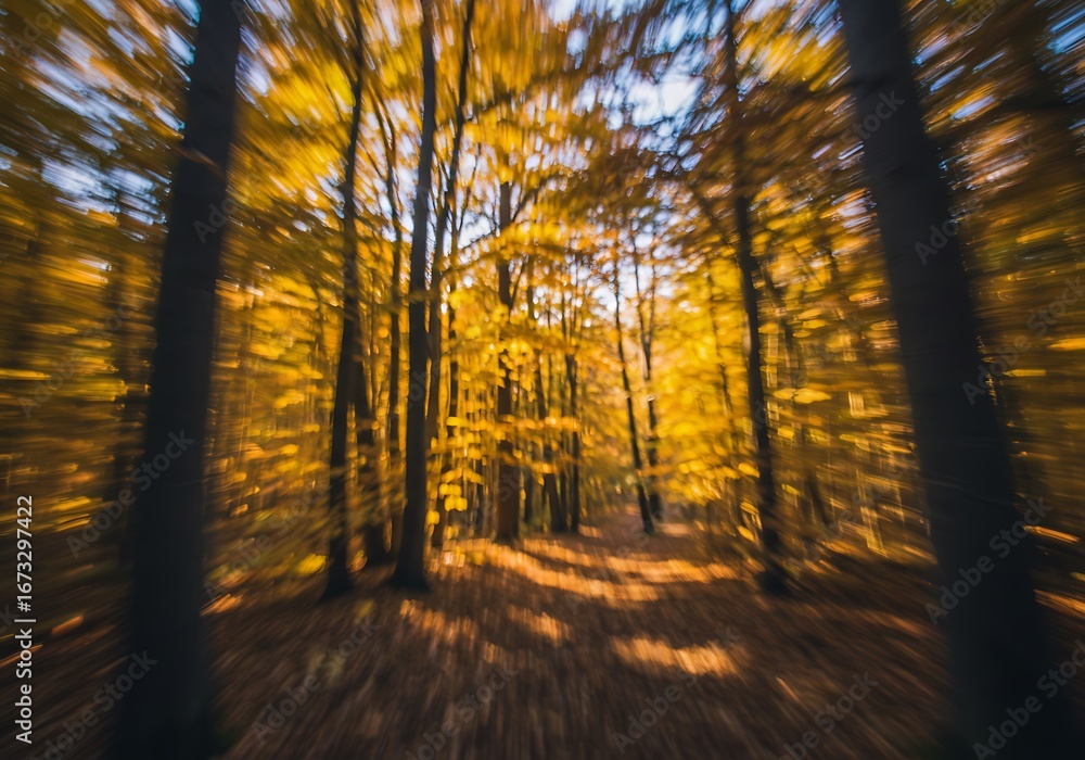 Fototapeta premium A dynamic, motion-blurred image of a vibrant autumn forest with bright yellow leaves