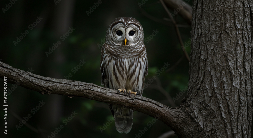 Obraz premium Majestic barred owl sits perched on a tree branch in a dark forest, observing its surroundings.