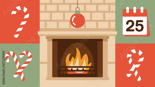 A christmas themed illustration featuring a fireplace, candy canes, and a calendar marking december 25th