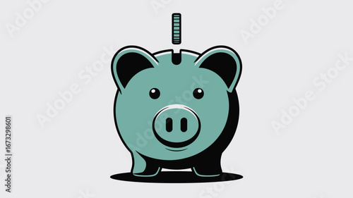 A cartoon illustration of a teal piggy bank with a coin above the slot on a light gray background