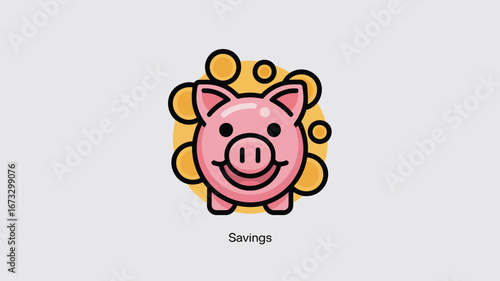 Illustration of a pink piggy bank with a smile surrounded by gold coins on a light background