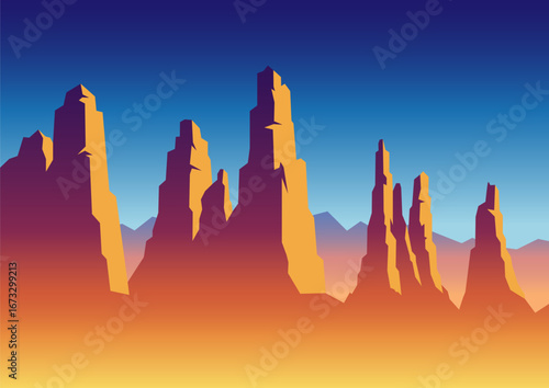 Desert rock formations at sunset, mountain peaks illuminated by the evening sun. Grand canyon flat landscape background. American national park adventure travel.