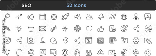 SEO icons collection, digital marketing, website optimization, analytics, backlinks, keywords, ranking, traffic, content, growth, advertising, business, branding, social media