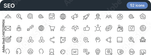 SEO icons set, digital marketing, website optimization, analytics, backlinks, keywords, ranking, traffic, strategy, growth, content, search engine, business, advertising, branding, social