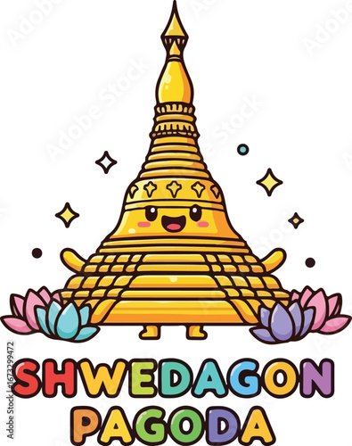 Kawaii Shwedagon Pagoda Illustration with Lotus Flowers and Sparkling Stars.