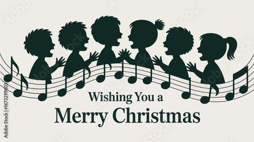 Silhouette of children singing christmas carols with musical notes and wishing you a merry christmas text