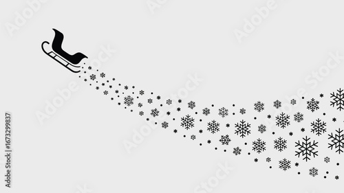 A black silhouette of santa's sleigh with snowflakes trail on a light gray background for christmas theme
