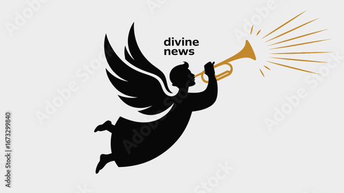 A black silhouette of an angel blowing a golden trumpet with radiating lines on a white background