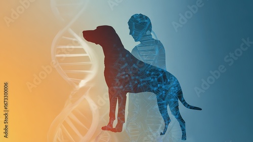 Interwoven dog and human silhouettes against DNA, symbolizing shared health journeys.