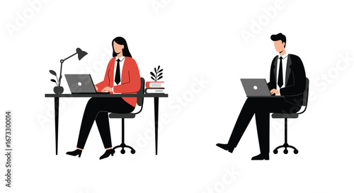 Business people working on laptops in office setting with desk and chair
