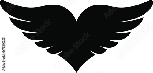 A symmetrical black silhouette of wings spread out against a stark white background design element