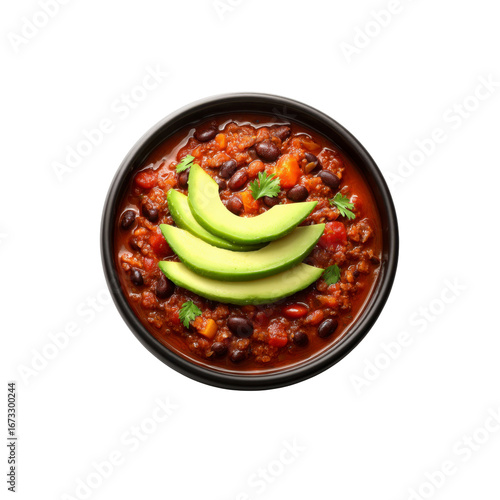 Delicious Bowl of Chili Con Carne Topped with Avocado Slices
