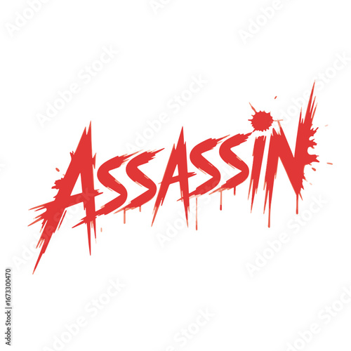 Bold graphic of the word Assassin in striking red, showcasing dramatic lettering with splashes and spikes, perfect for a gaming theme