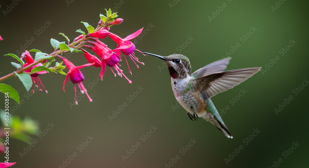 Naklejka premium Tiny hummingbird hovers gracefully sipping nectar from vibrant fuchsia flowers in soft focus garden