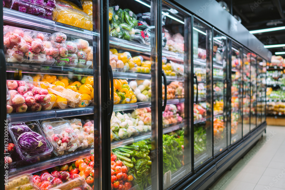 Obraz premium Fresh produce in a supermarket refrigerated display case lots of colorful fruits and vegetables